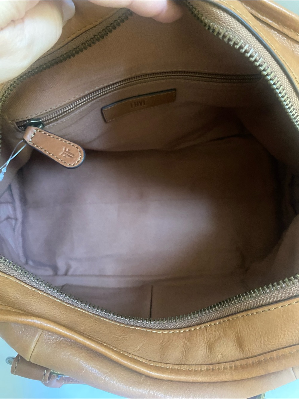 NWT $438 Frye Cognac All Leather Lucy Domed Satchel/Crossbody handbag - Picture 7 of 11